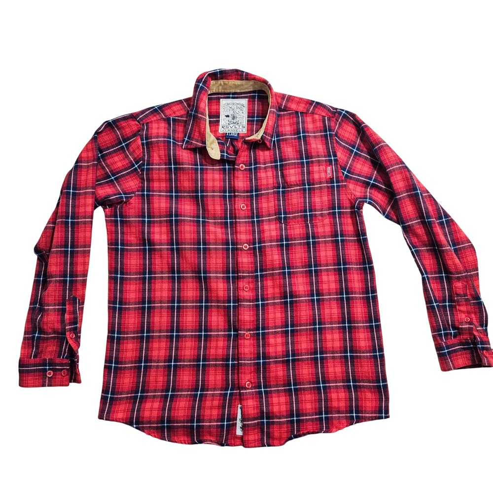 RSVLTS Flannel Shirt Youth XL Red Plaid Rayon Button Down Long Sleeve